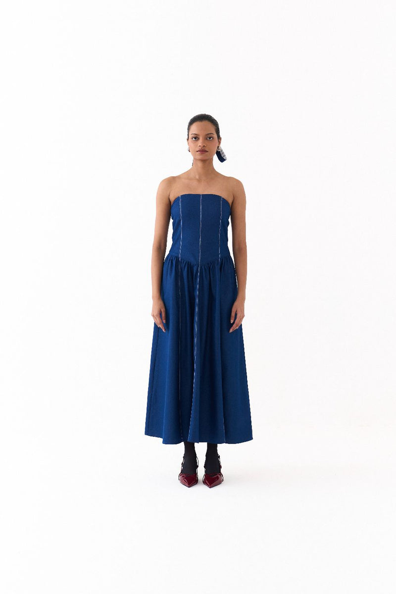 CORSET DRESS-BLUE by THREE in blue color for women Worldwide