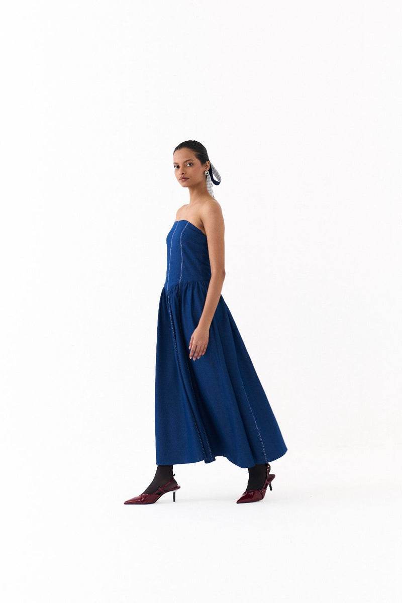 CORSET DRESS-BLUE by THREE in blue color for women Worldwide