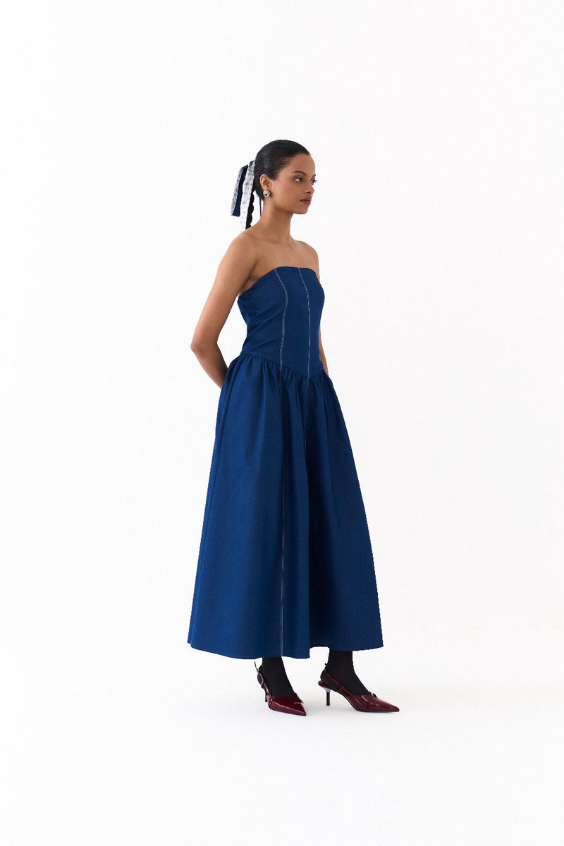 CORSET DRESS-BLUE by THREE in blue color for women Worldwide