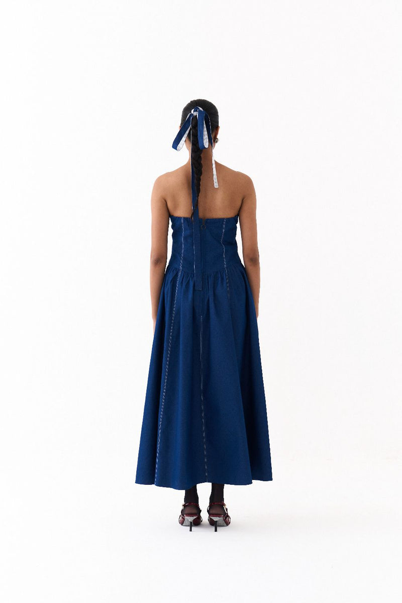 CORSET DRESS-BLUE by THREE in blue color for women Worldwide