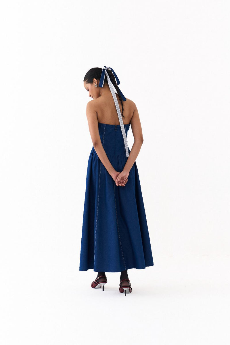 CORSET DRESS-BLUE by THREE in blue color for women Worldwide