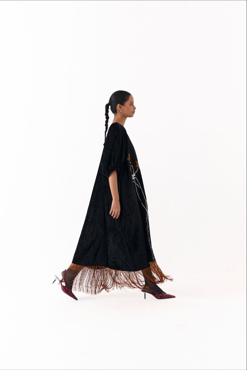 FRINGE KAFTAAN-BLACK by THREE in black color for women Worldwide