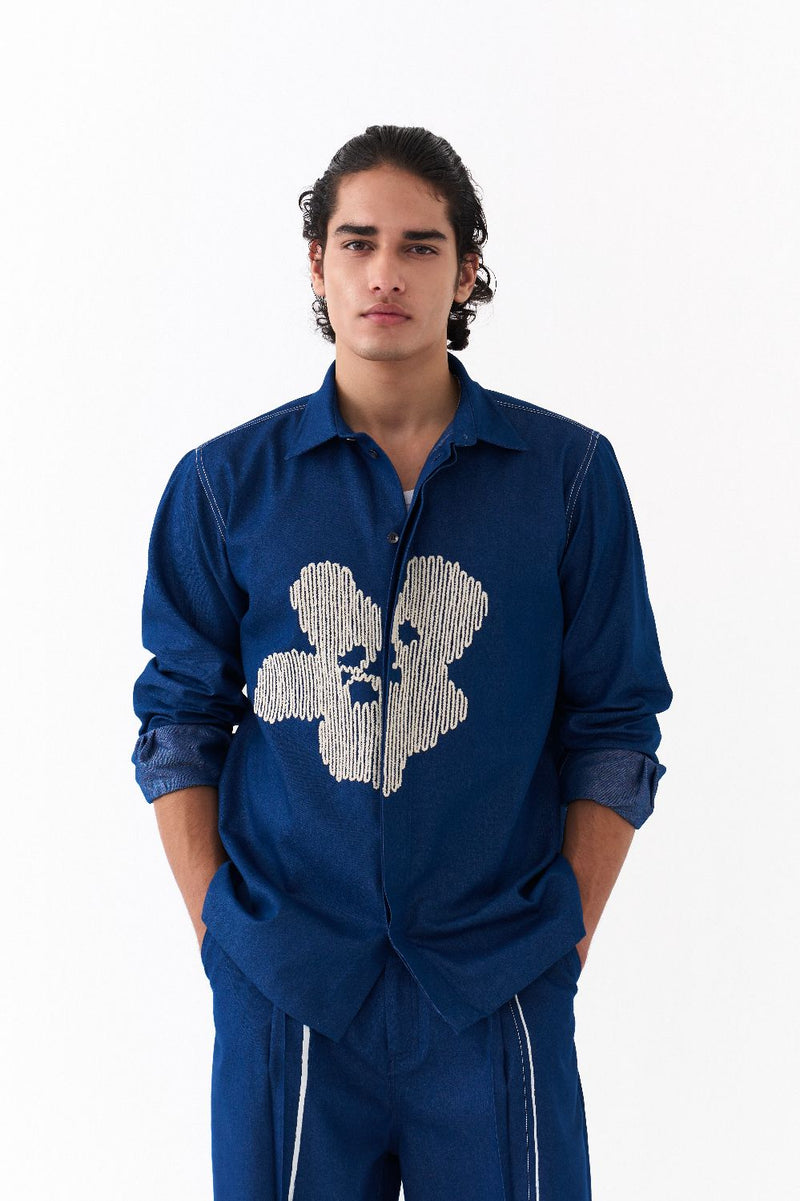 FLORAL EMB. SHIRT CO-ORD-DENIM BLUE
