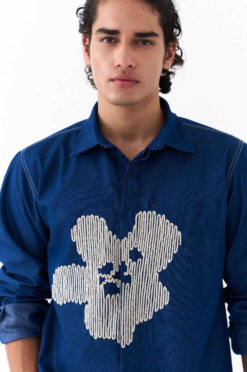 FLORAL EMB. SHIRT CO-ORD-DENIM BLUE