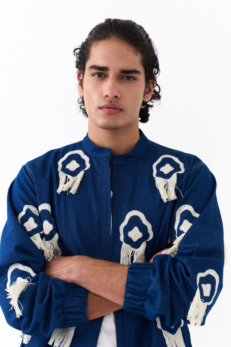 FRINGE BOMBER JACKET CO-ORD-DENIM BLUE