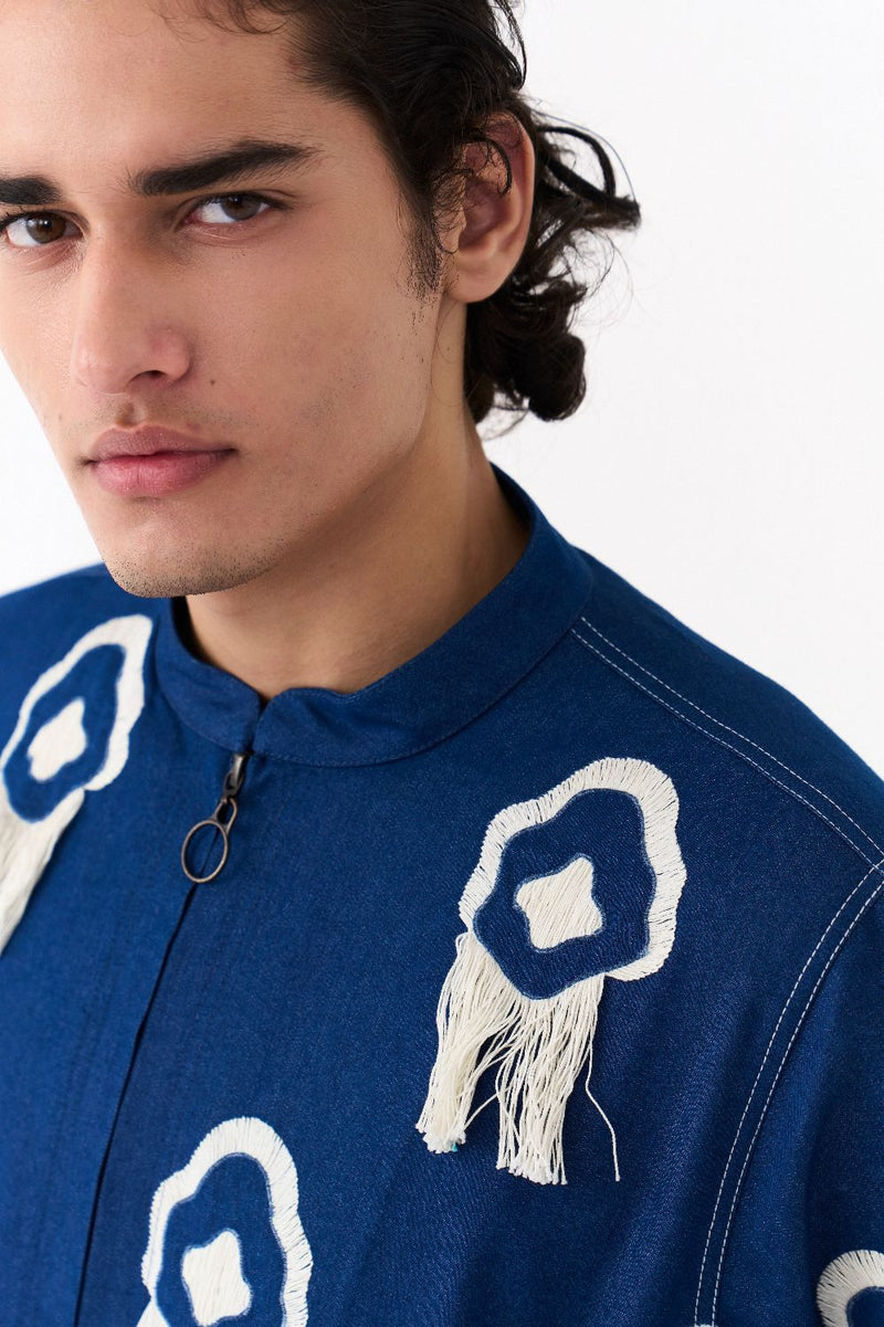FRINGE BOMBER JACKET-DENIM BLUE