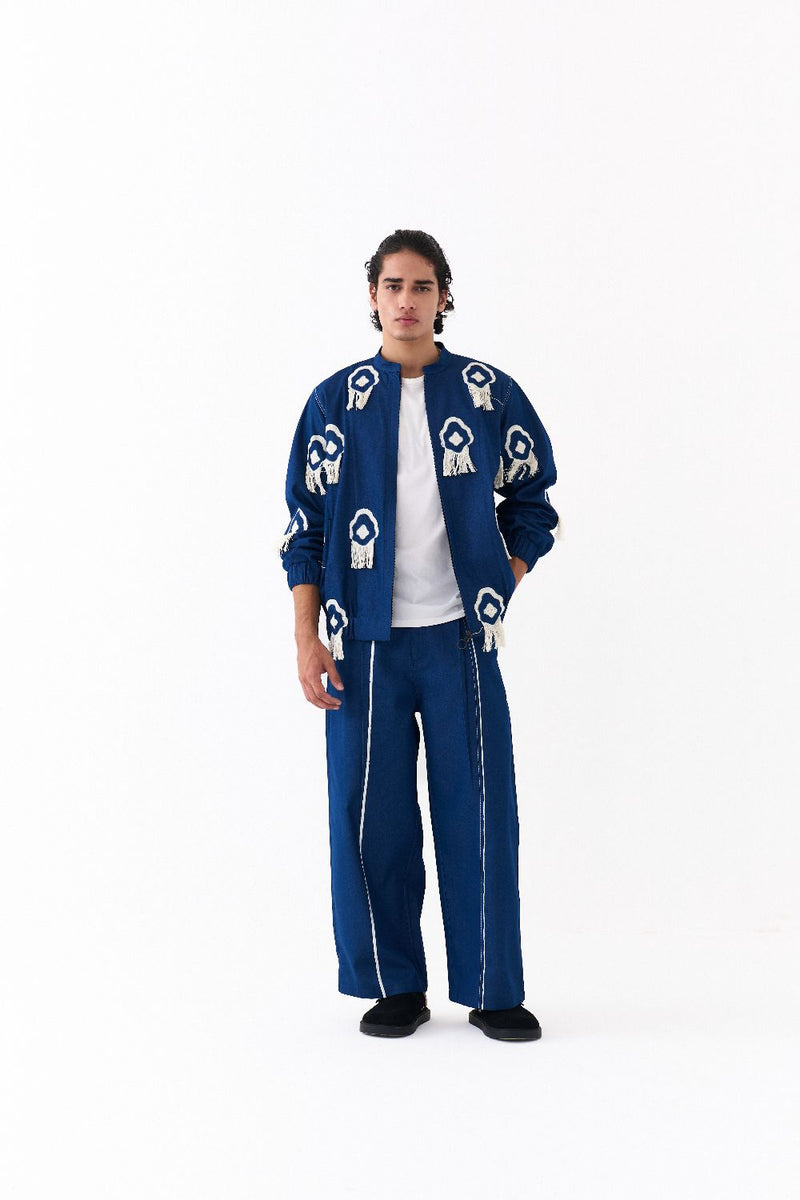 FRINGE BOMBER JACKET-DENIM BLUE