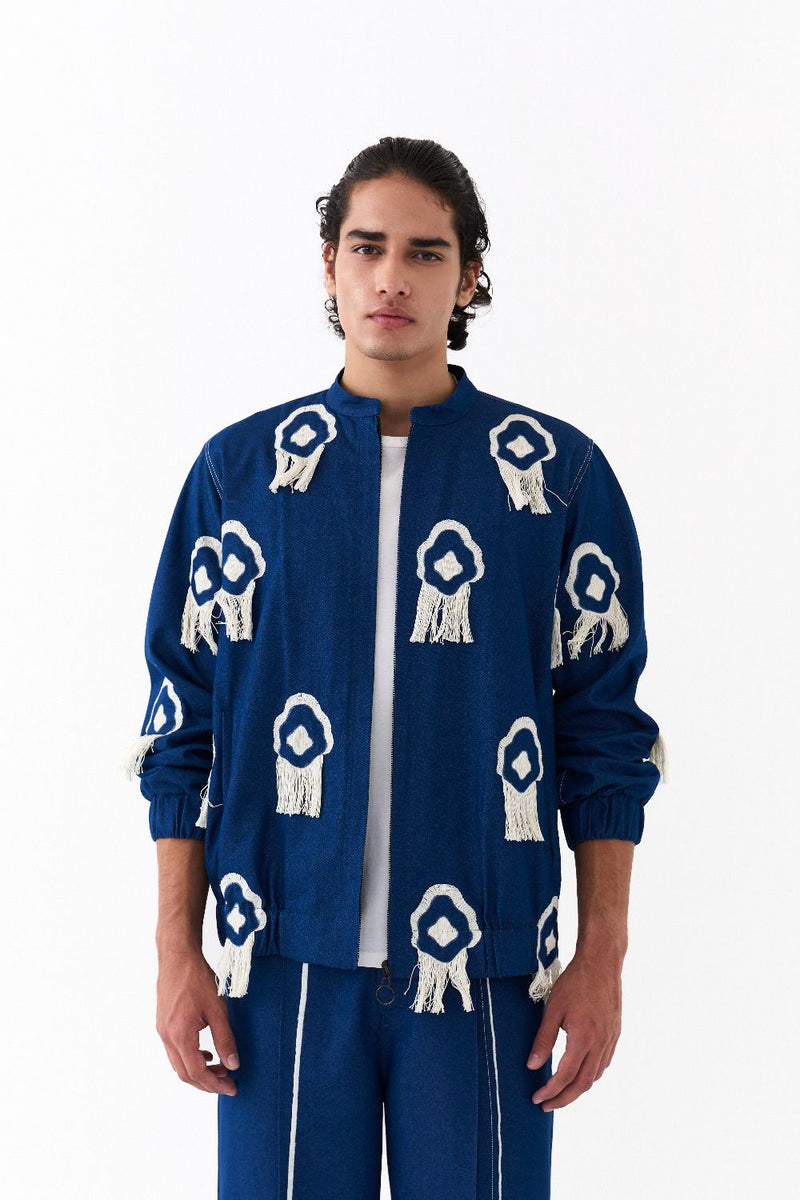 FRINGE BOMBER JACKET-DENIM BLUE