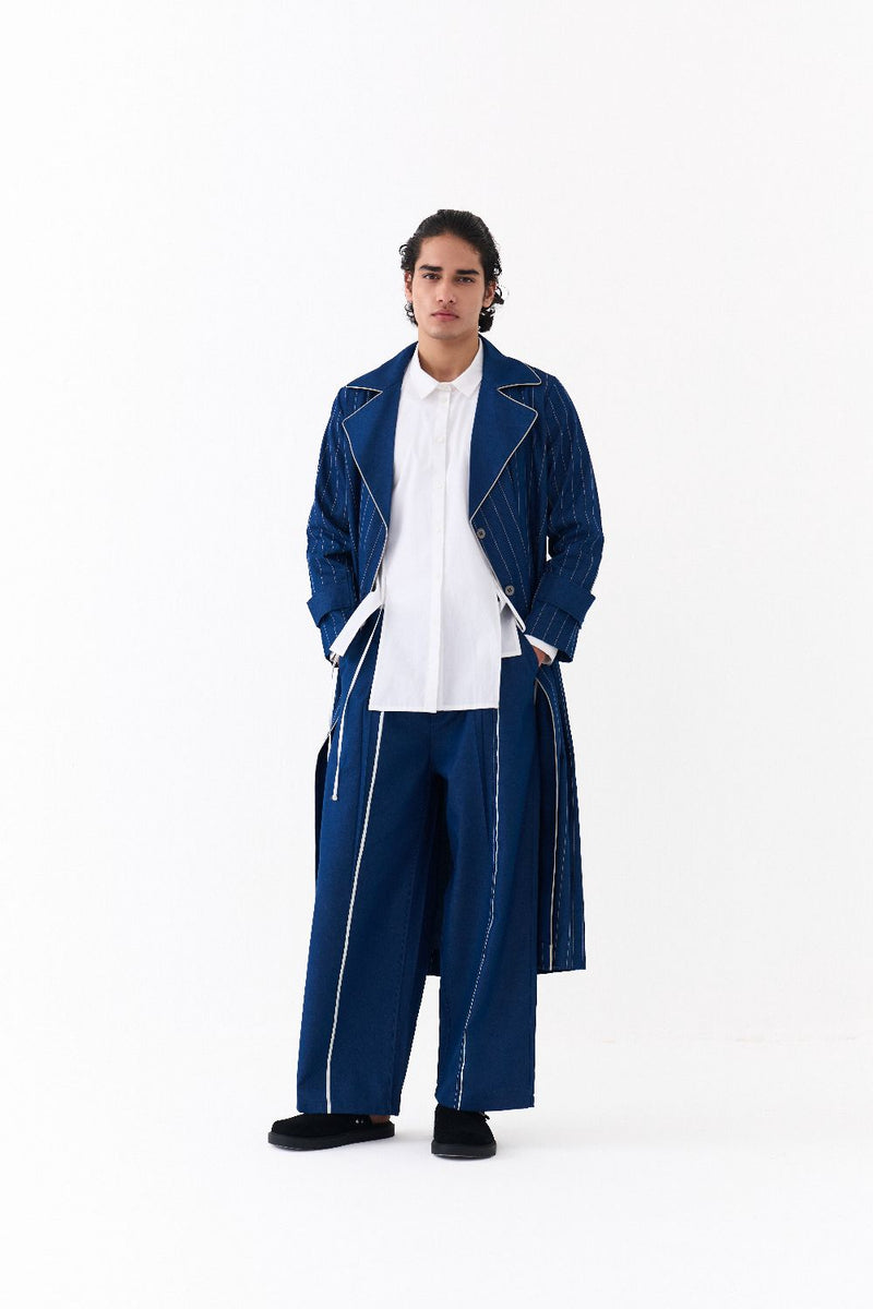 DOUBLE BREASTED TRENCH OVERLAY CO-ORD (SET OF 3)-DENIM BLUE