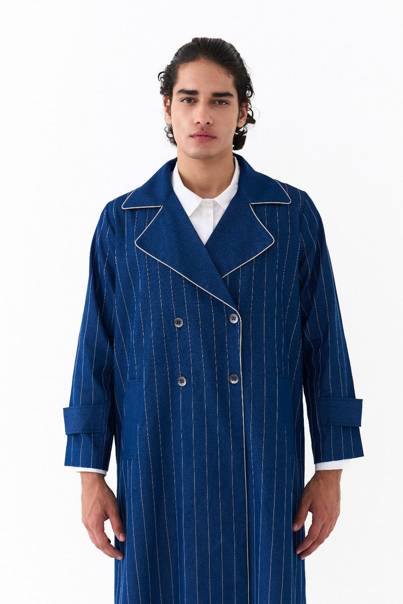 DOUBLE BREASTED TRENCH OVERLAY CO-ORD (SET OF 3)-DENIM BLUE