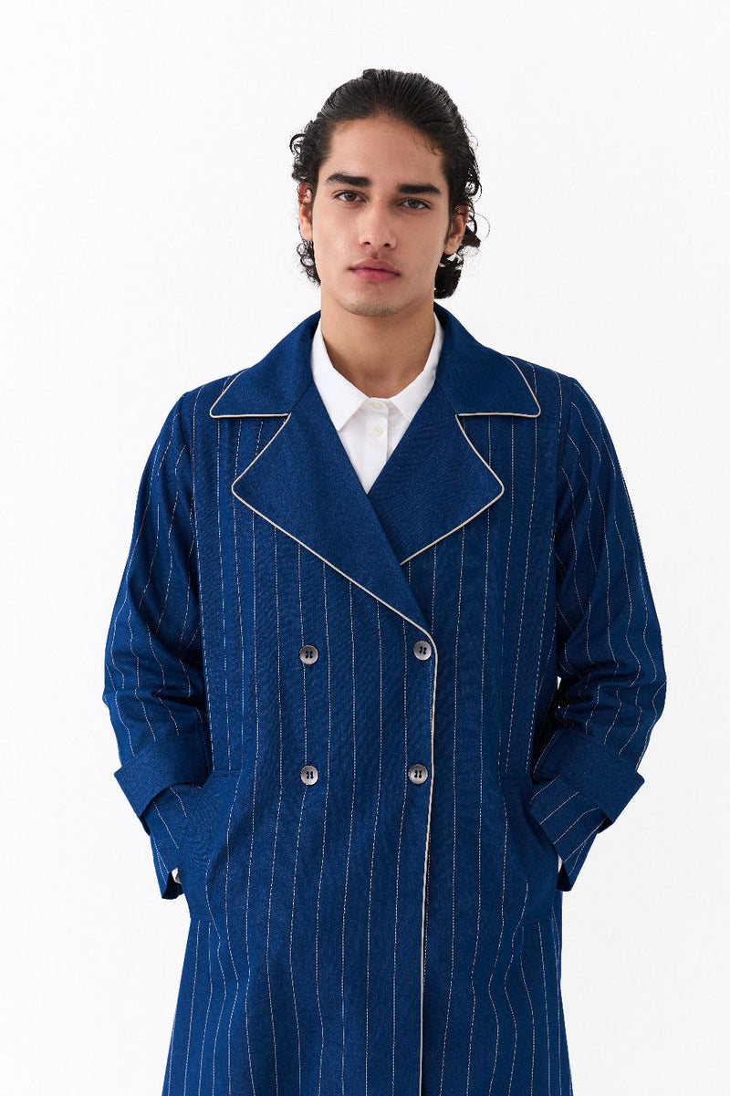 DOUBLE BREASTED TRENCH OVERLAY CO-ORD (SET OF 3)-DENIM BLUE