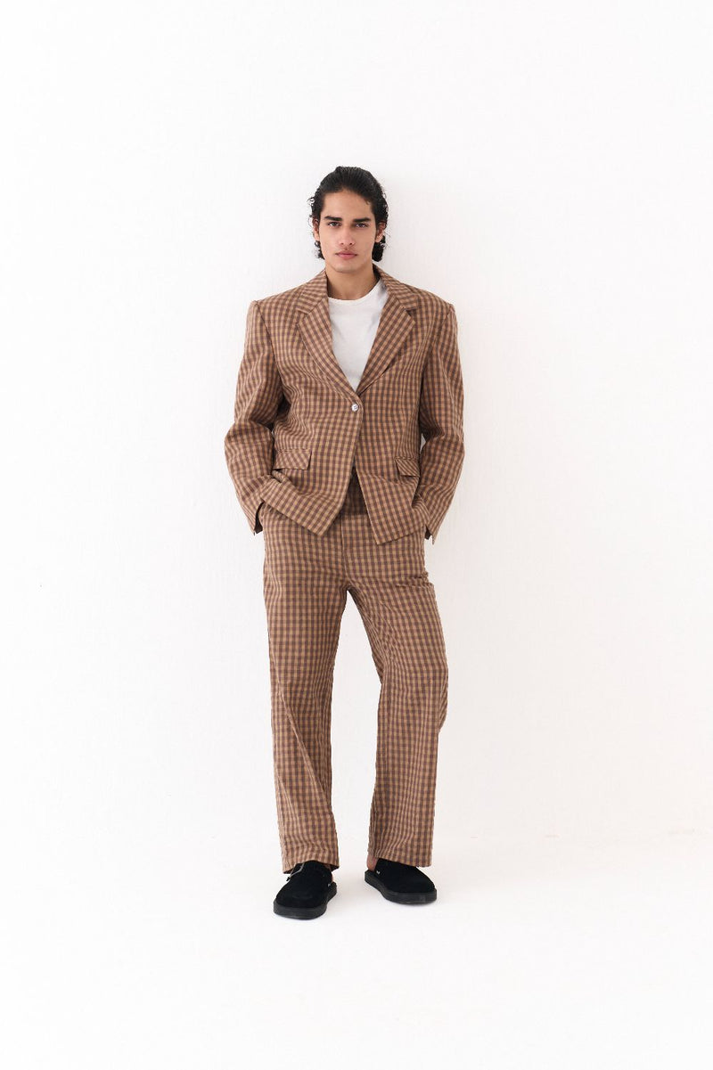 SINGLE BREASTED BLAZER -CARAMEL CHECK