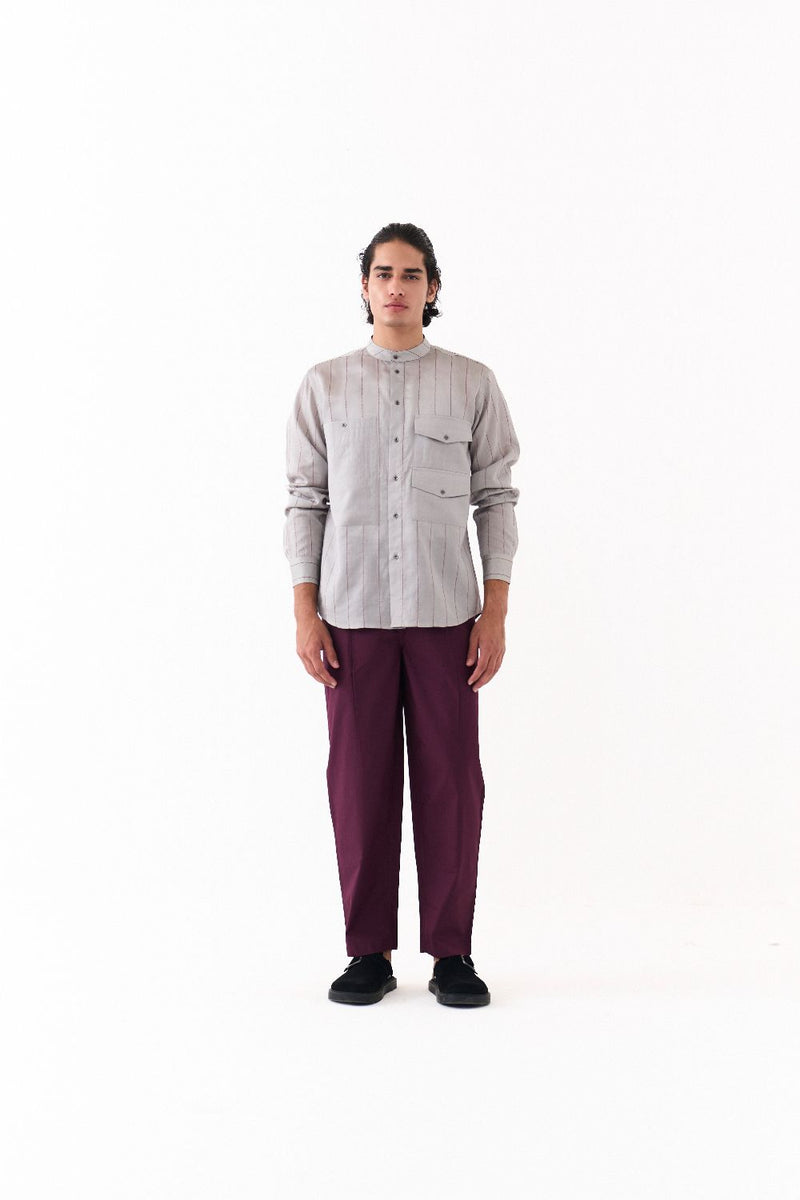 LINEAR EMB.DOUBLE PATCH POCKET SHIRT-GREY