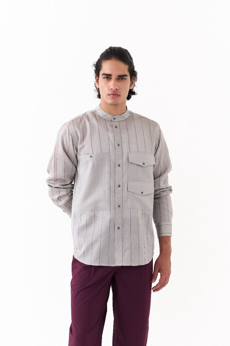LINEAR EMB.DOUBLE PATCH POCKET SHIRT-GREY