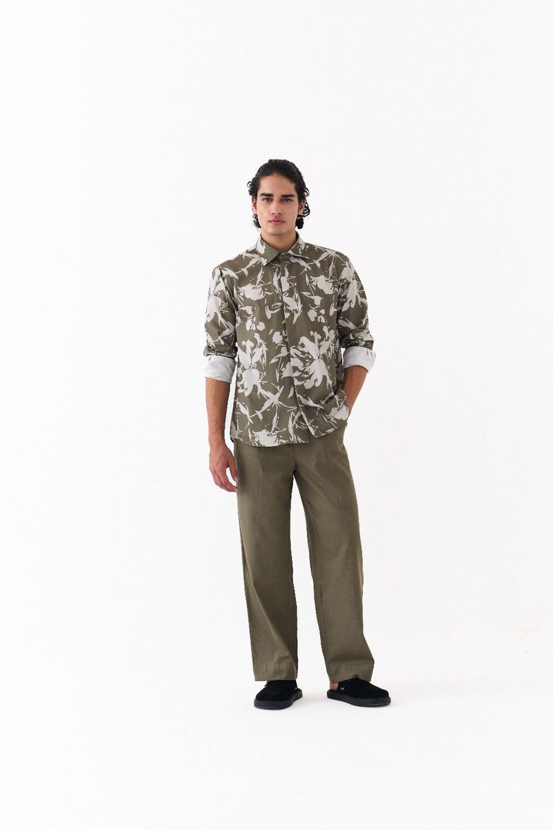 FLORAL EMB SHIRT CO-ORD-OLIVE FLORAL