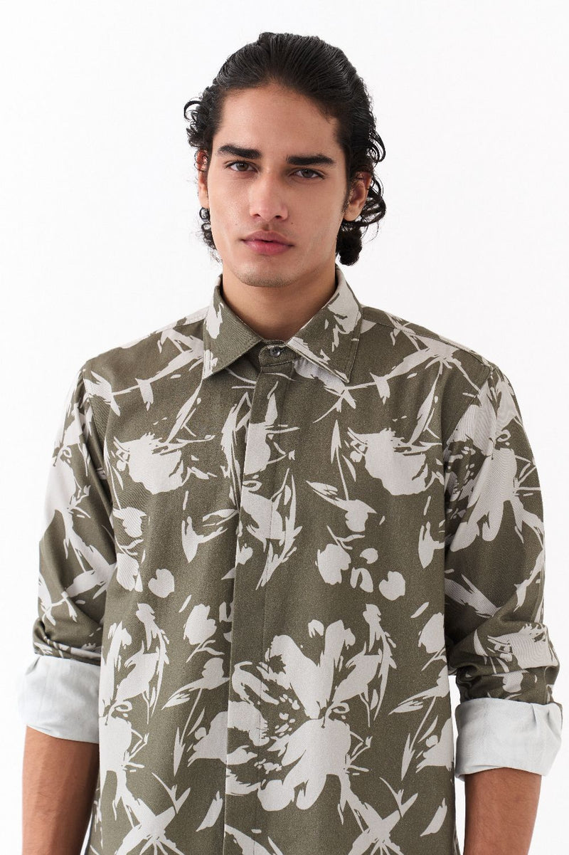FLORAL EMB SHIRT CO-ORD-OLIVE FLORAL