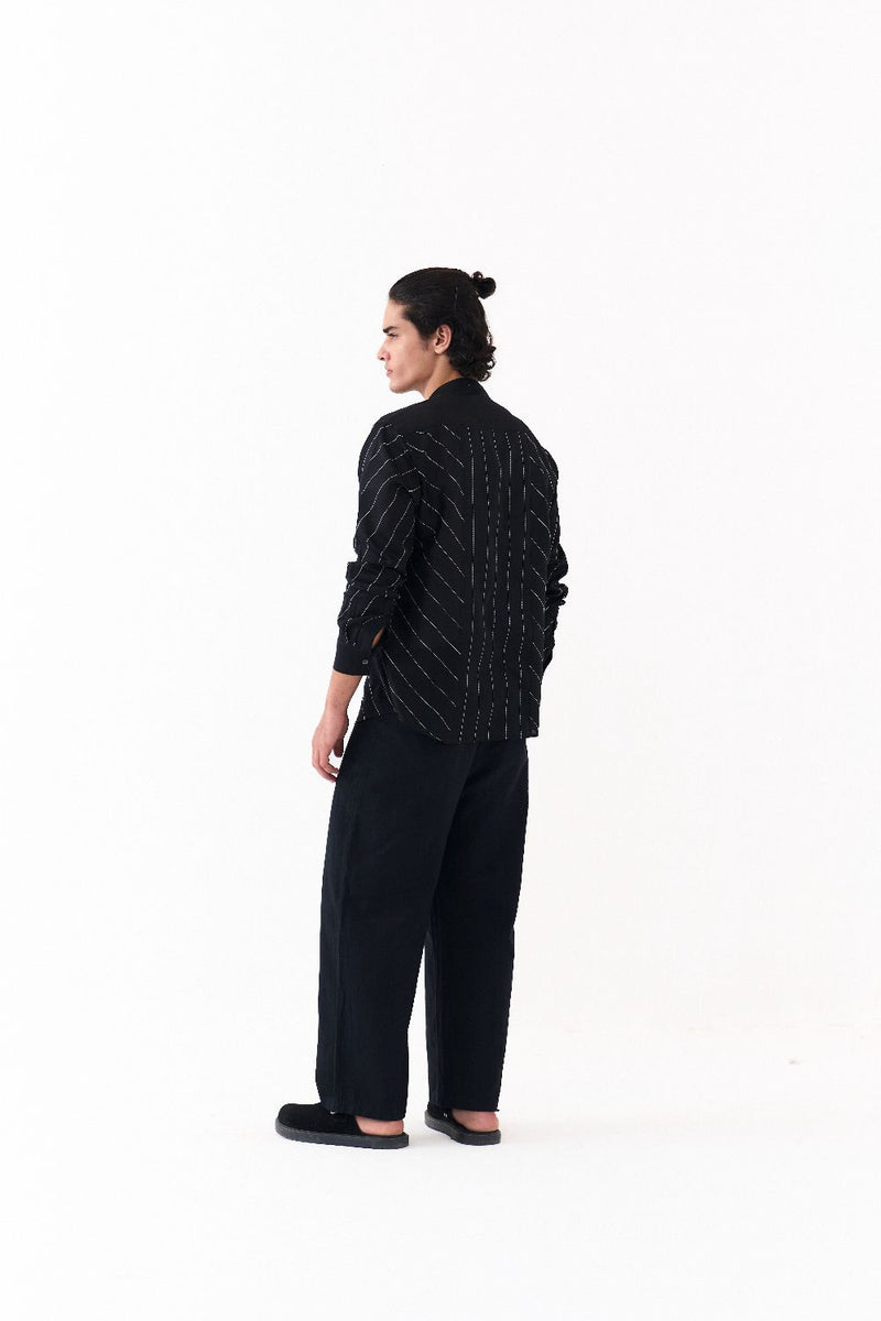 ASYMMETRIC LINEAR EMB. SHIRT CO-ORD-BLACK