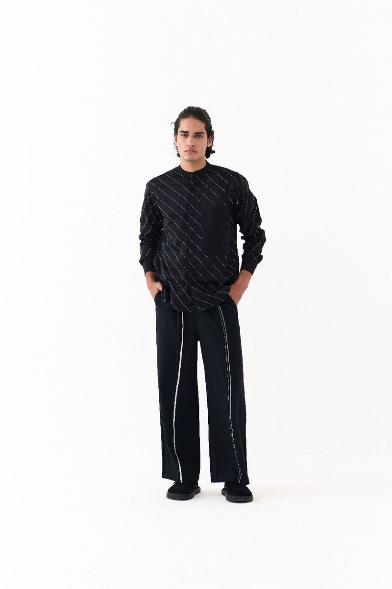 ASYMMETRIC LINEAR EMB. SHIRT CO-ORD-BLACK