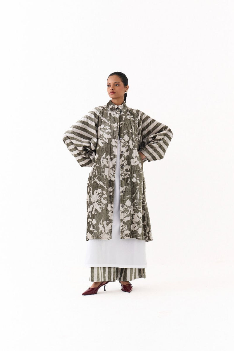 FLORAL BAT SLEEVE JACKET-OLIVE FLORAL/ STRIPE by THREE in olive color for women Worldwide
