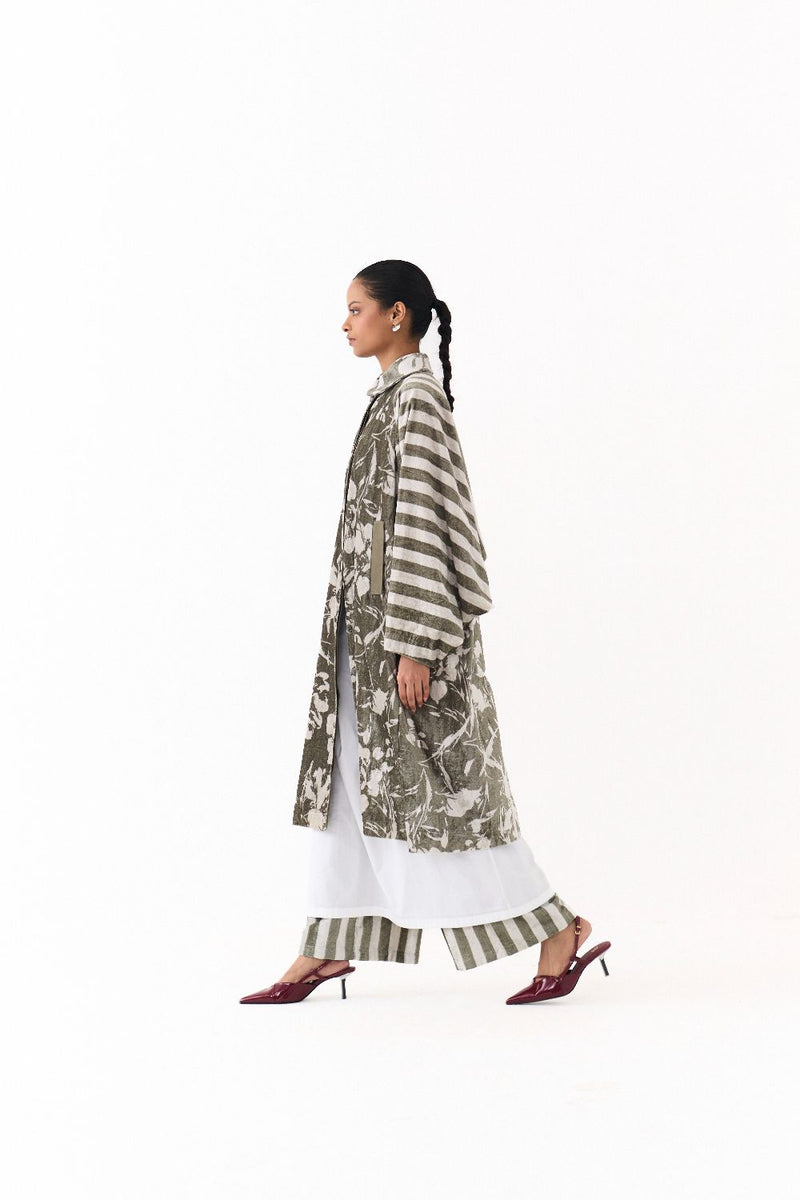 FLORAL BAT SLEEVE JACKET-OLIVE FLORAL/ STRIPE by THREE in olive color for women Worldwide