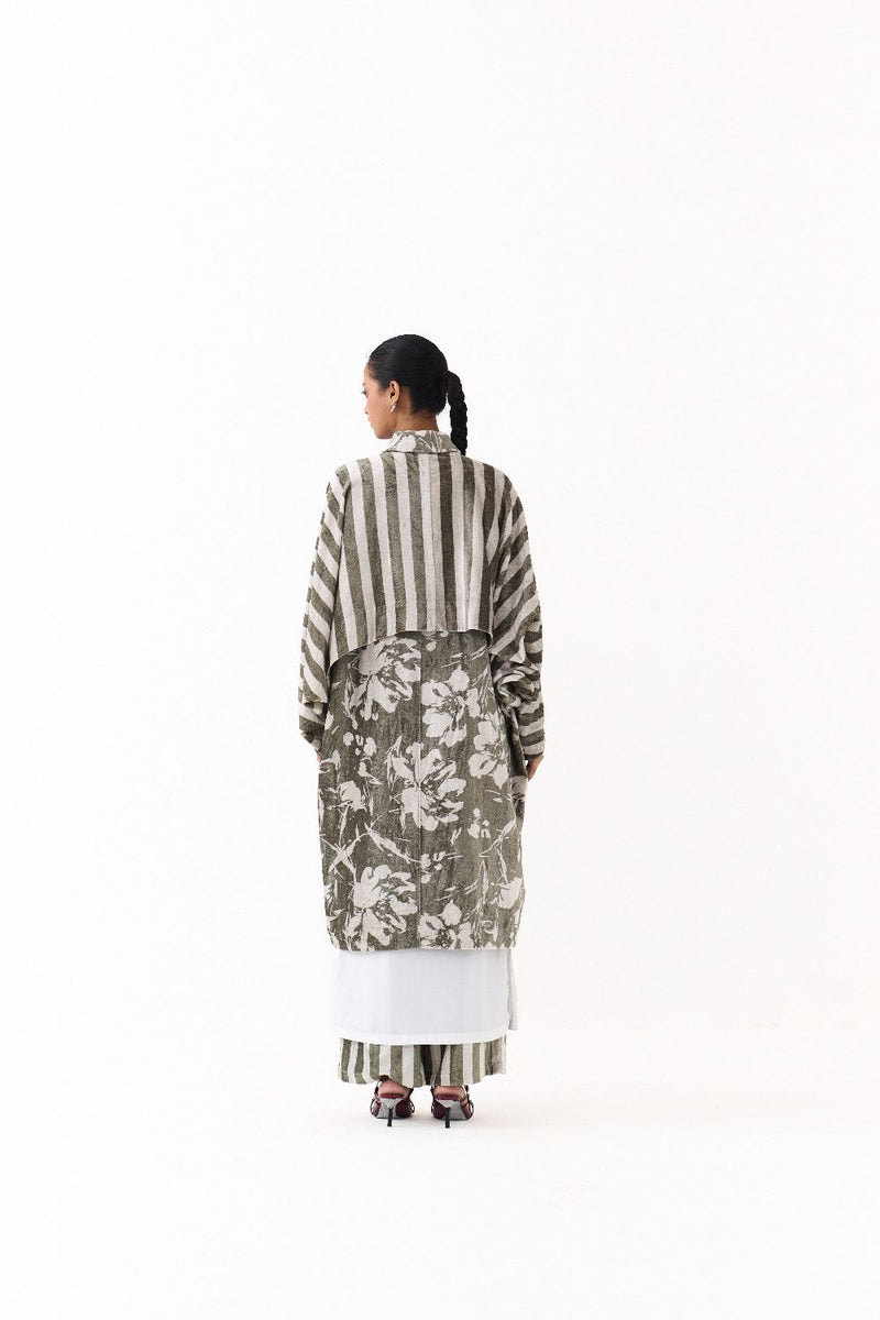 FLORAL BAT SLEEVE JACKET CO ORD
(SET OF 3)-OLIVE STRIPE 100% cotton by THREE in olive color for women Worldwide