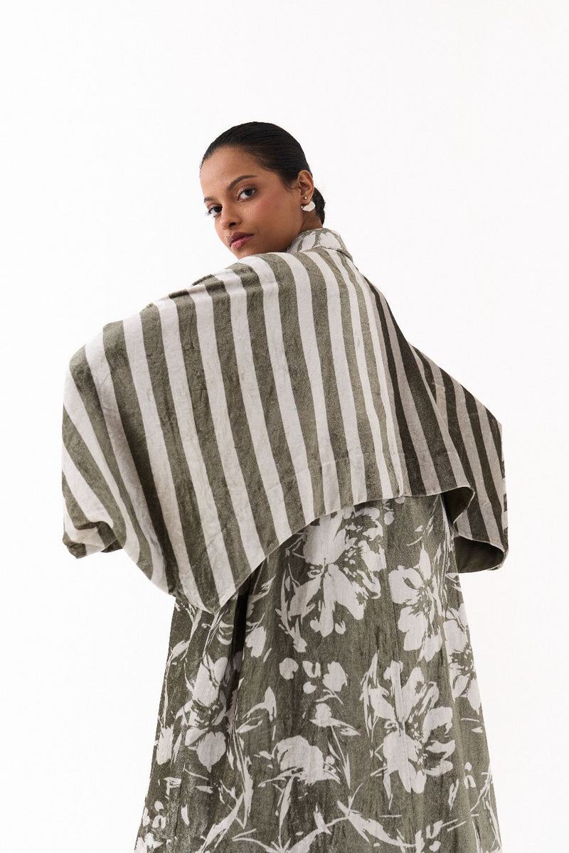 FLORAL BAT SLEEVE JACKET CO ORD
(SET OF 3)-OLIVE STRIPE 100% cotton by THREE in olive color for women Worldwide