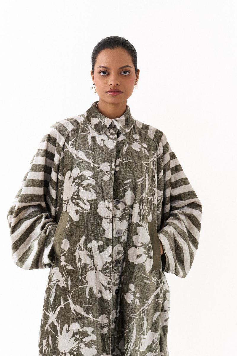 FLORAL BAT SLEEVE JACKET CO ORD
(SET OF 3)-OLIVE STRIPE 100% cotton by THREE in olive color for women Worldwide