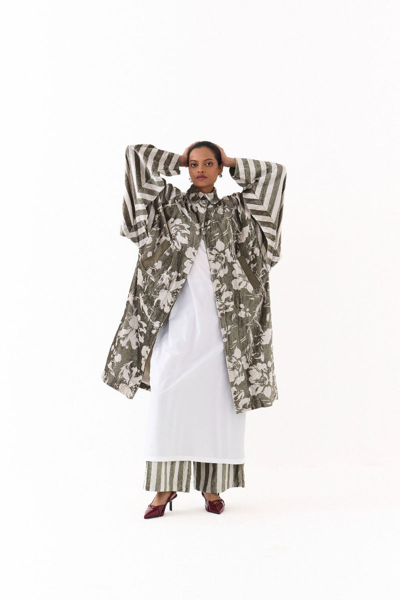FLORAL BAT SLEEVE JACKET CO ORD
(SET OF 3)-OLIVE STRIPE 100% cotton by THREE in olive color for women Worldwide