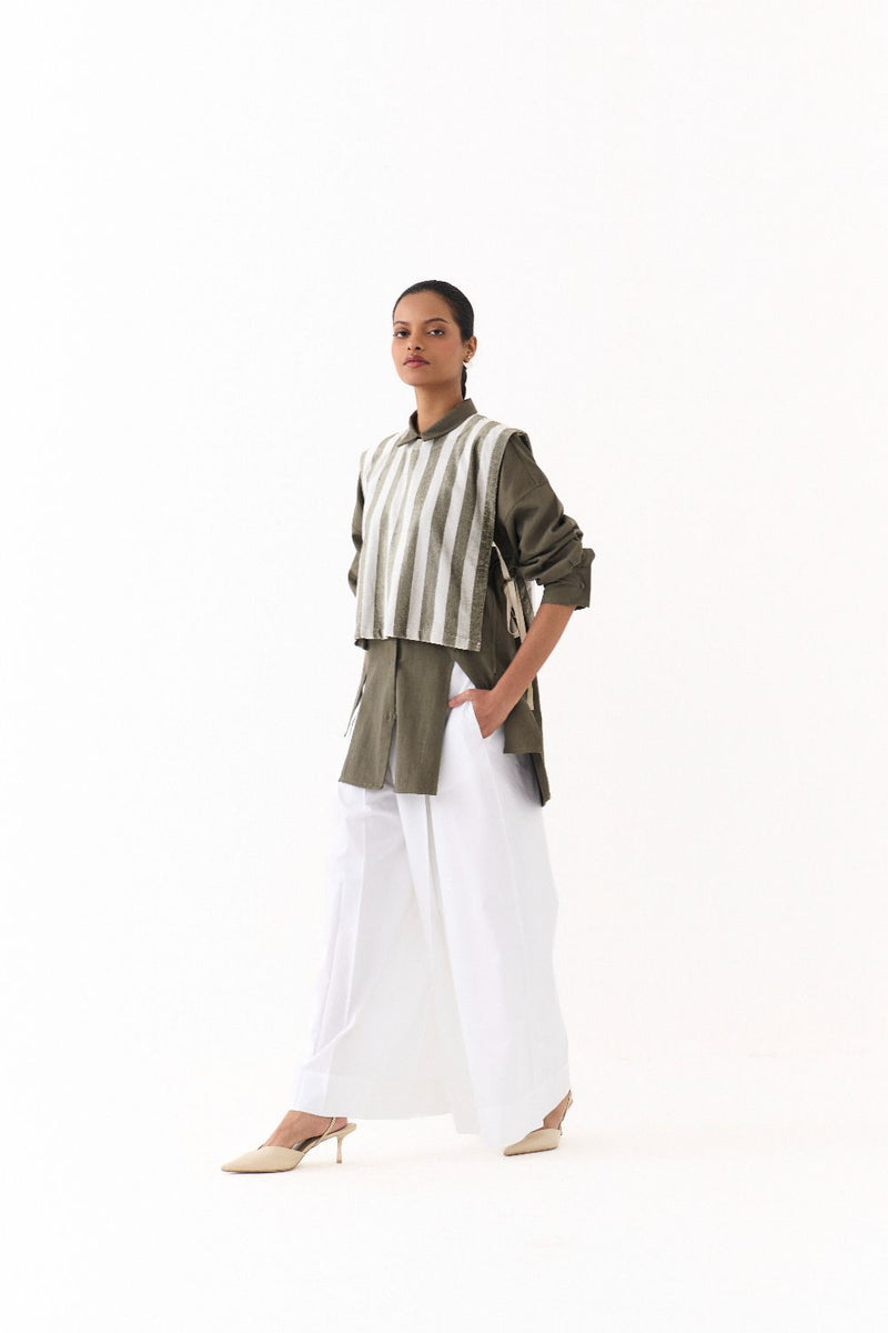 CROP OVERLAY CO ORD (SET OF 3)-OLIVE STRIPE poplin by THREE in olive color for women Worldwide