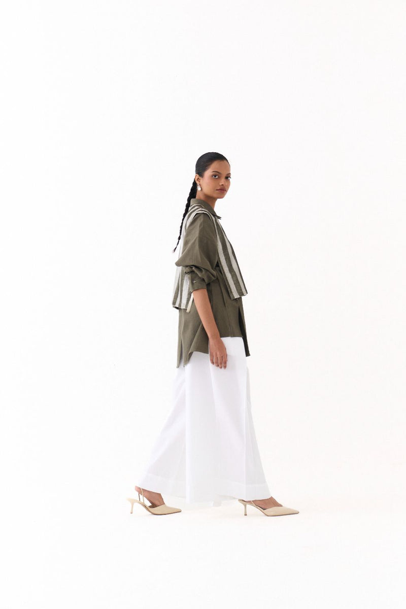 CROP OVERLAY CO ORD (SET OF 3)-OLIVE STRIPE poplin by THREE in olive color for women Worldwide