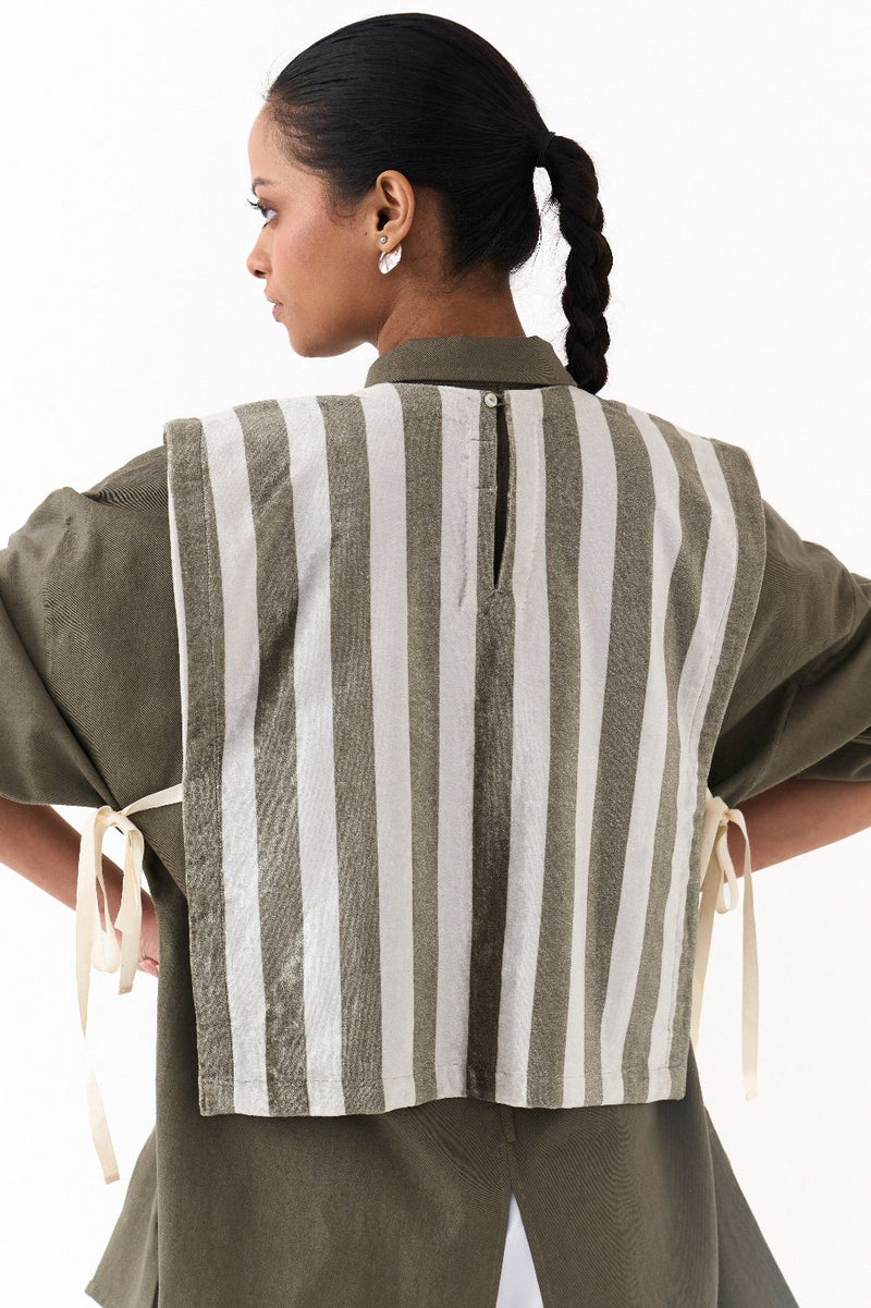 CROP OVERLAY CO ORD (SET OF 3)-OLIVE STRIPE poplin by THREE in olive color for women Worldwide