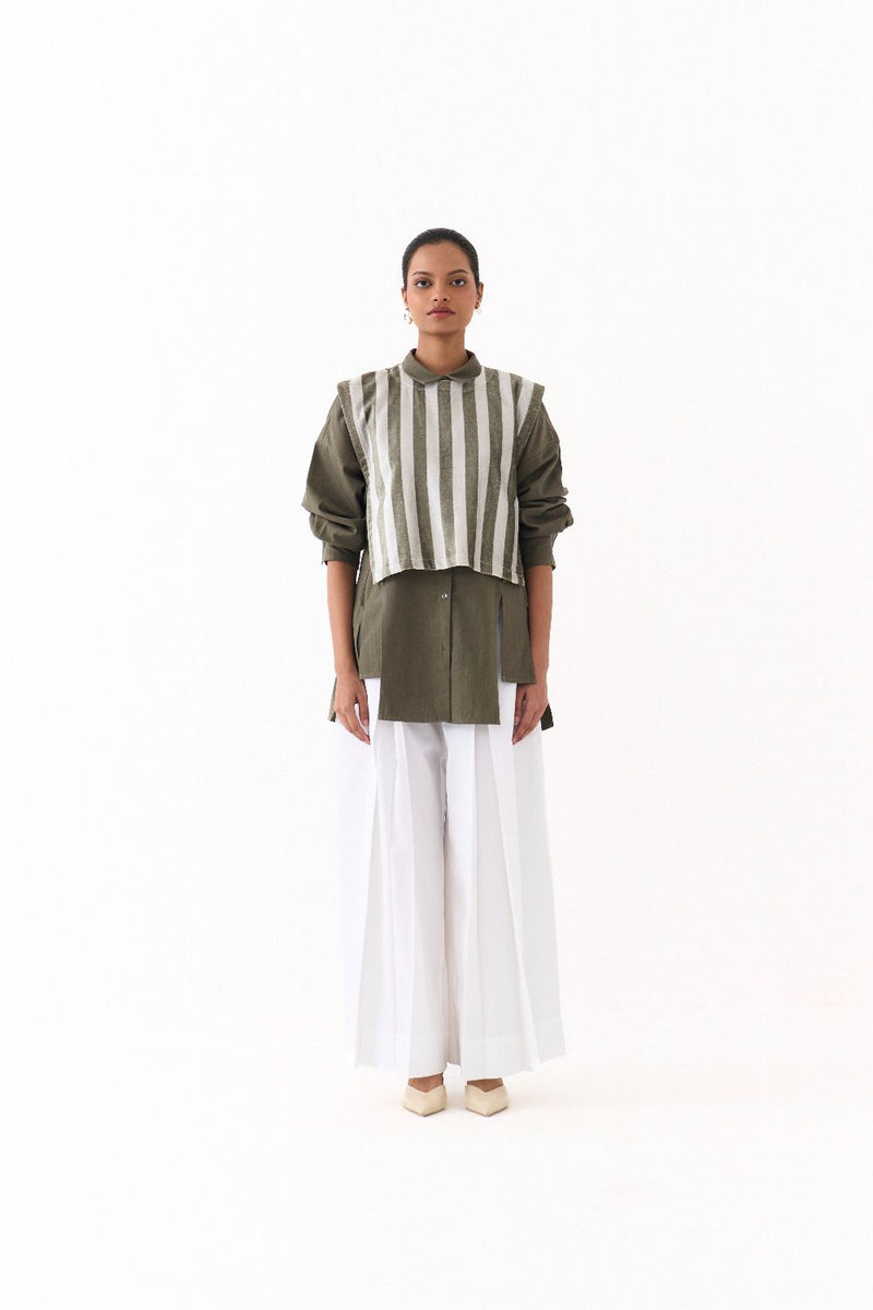 CROP OVERLAY CO ORD (SET OF 3)-OLIVE STRIPE poplin by THREE in olive color for women Worldwide