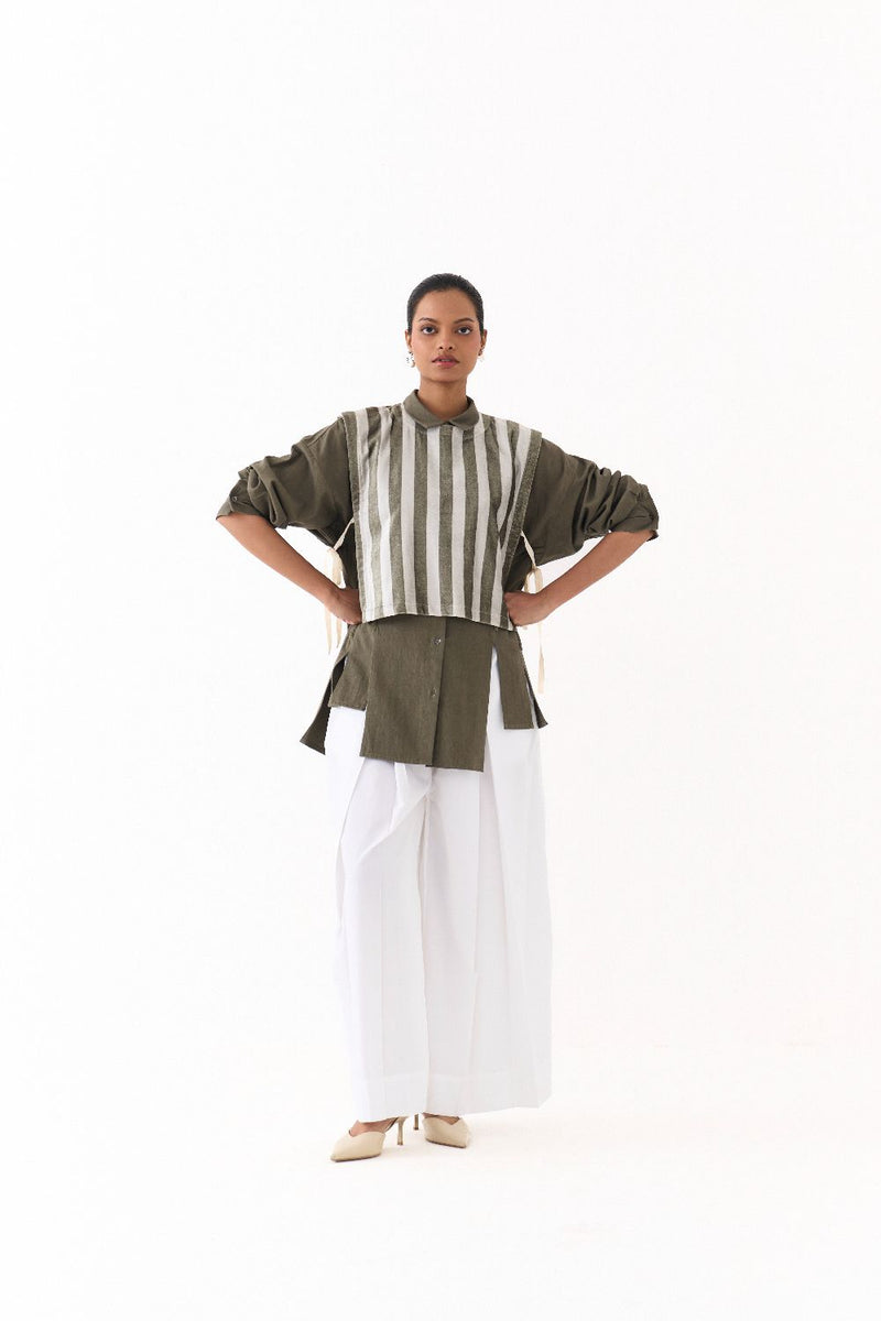 CROP OVERLAY CO ORD (SET OF 3)-OLIVE STRIPE poplin by THREE in olive color for women Worldwide
