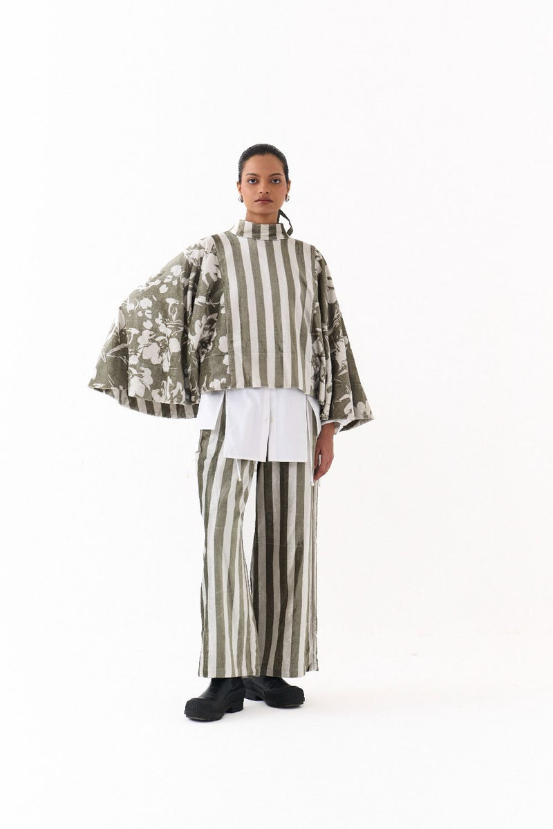 WIDE HEM PONCHO CO ORD (SET OF 3)-OLIVE STRIPE 100% cotton by THREE in olive color for women Worldwide