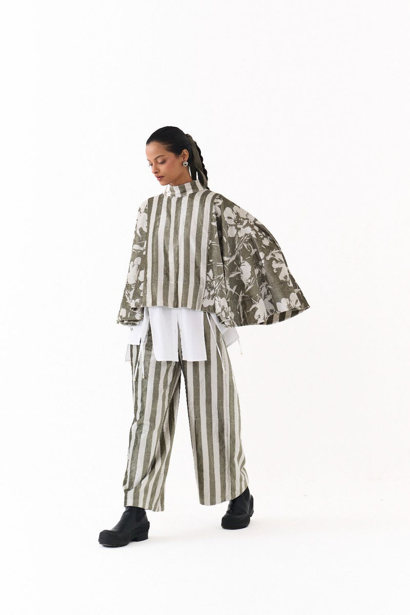 WIDE HEM PONCHO-OLIVE STRIPE/FLORAL by THREE in olive color for women Worldwide