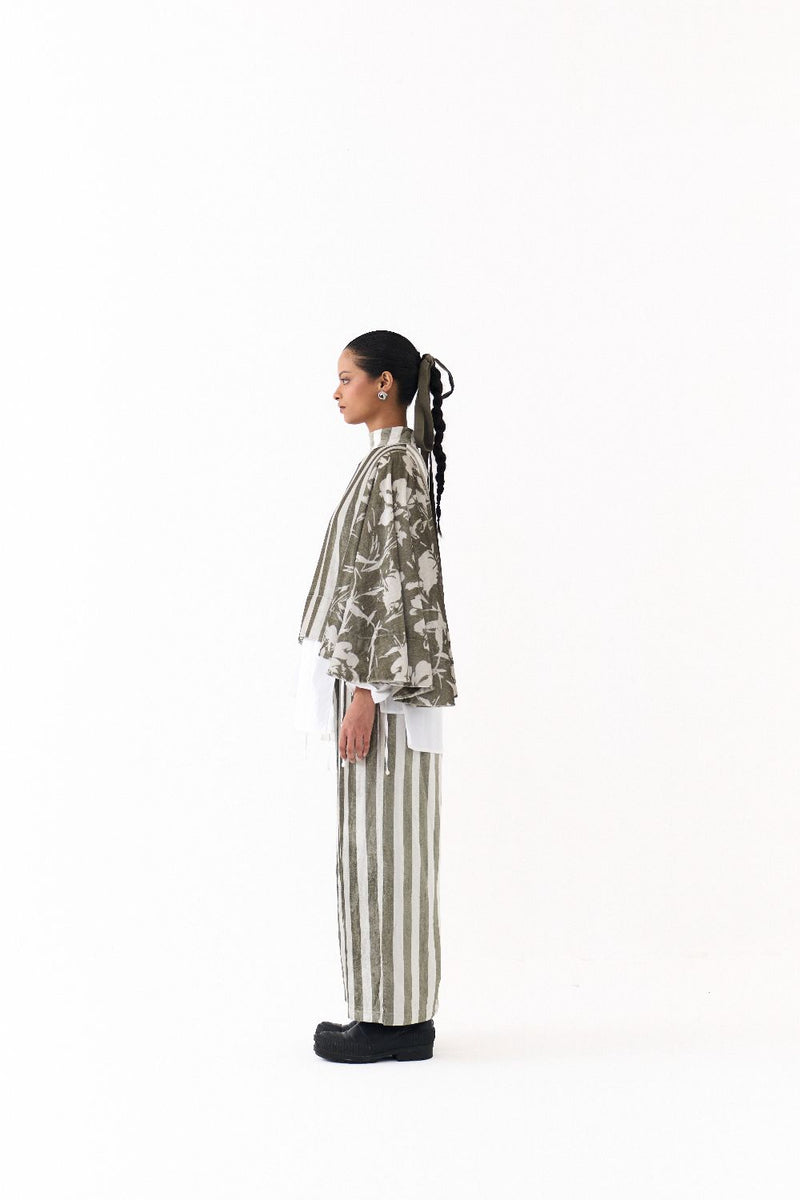 WIDE HEM PONCHO CO ORD (SET OF 3)-OLIVE STRIPE 100% cotton by THREE in olive color for women Worldwide
