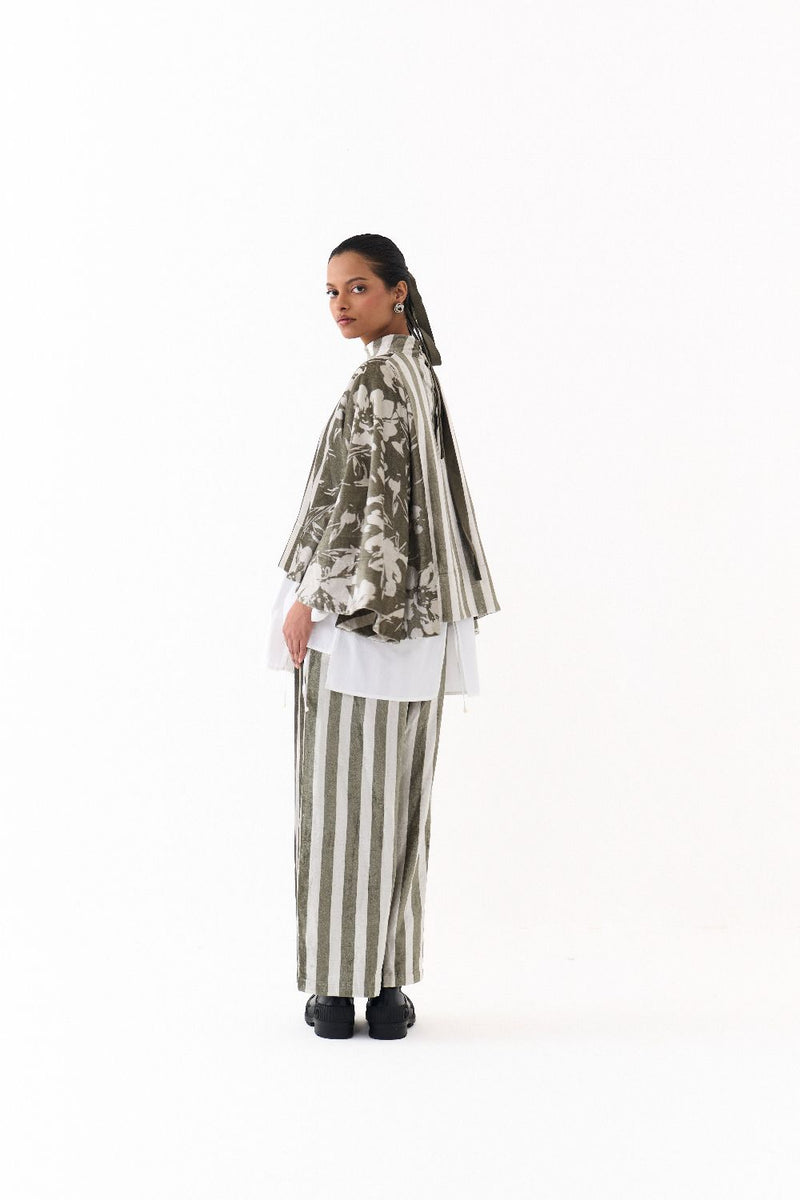 WIDE HEM PONCHO CO ORD (SET OF 3)-OLIVE STRIPE 100% cotton by THREE in olive color for women Worldwide