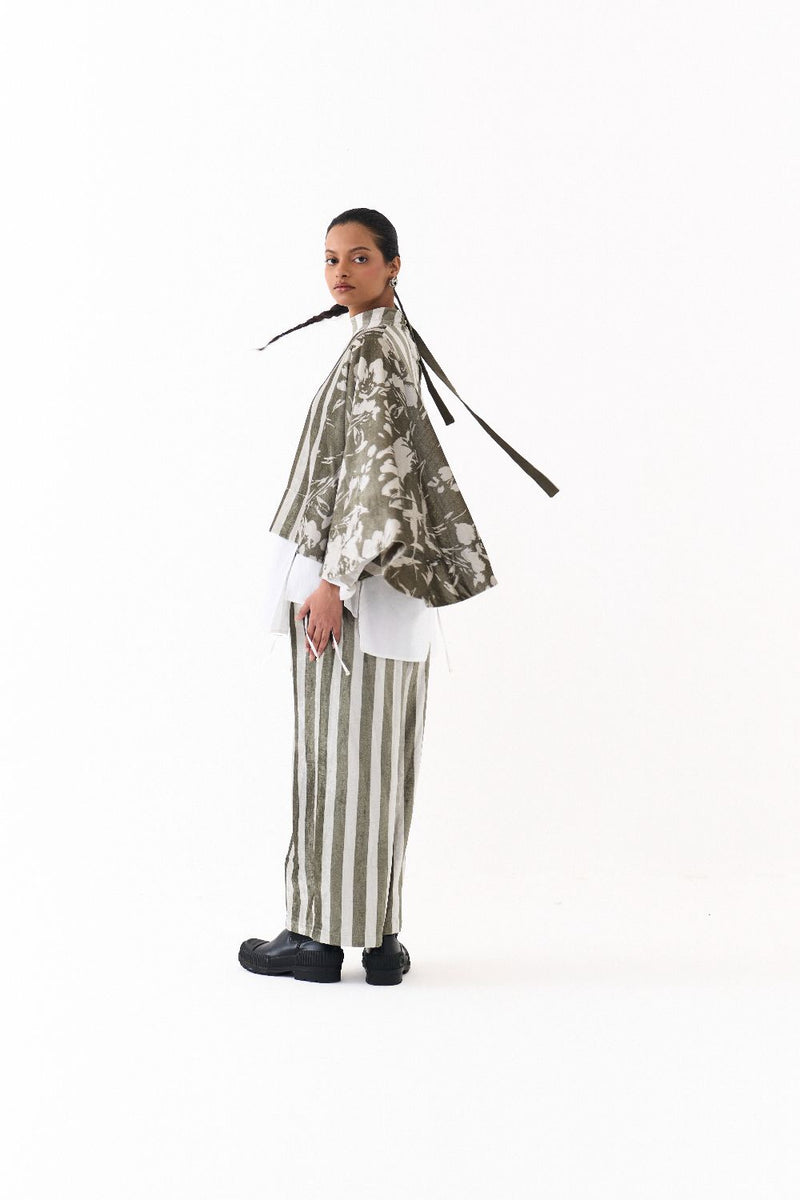 WIDE HEM PONCHO CO ORD (SET OF 3)-OLIVE STRIPE 100% cotton by THREE in olive color for women Worldwide