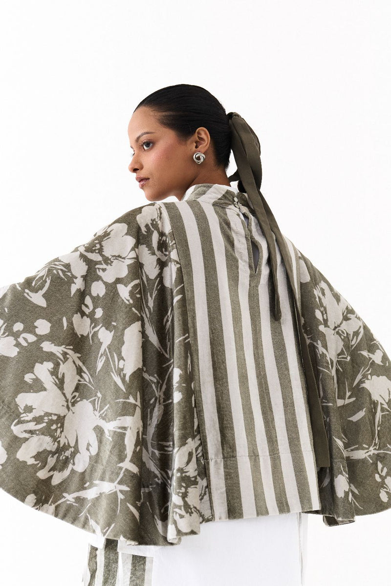 WIDE HEM PONCHO-OLIVE STRIPE/FLORAL by THREE in olive color for women Worldwide