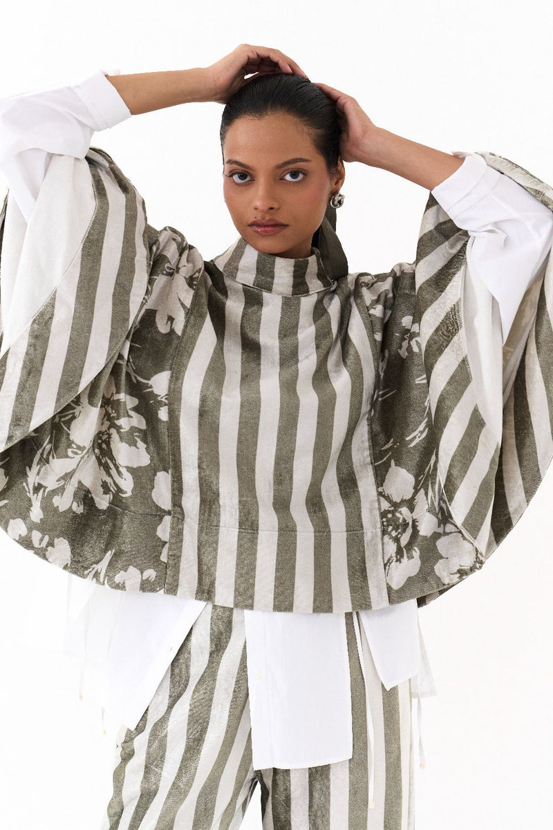 WIDE HEM PONCHO-OLIVE STRIPE/FLORAL by THREE in olive color for women Worldwide