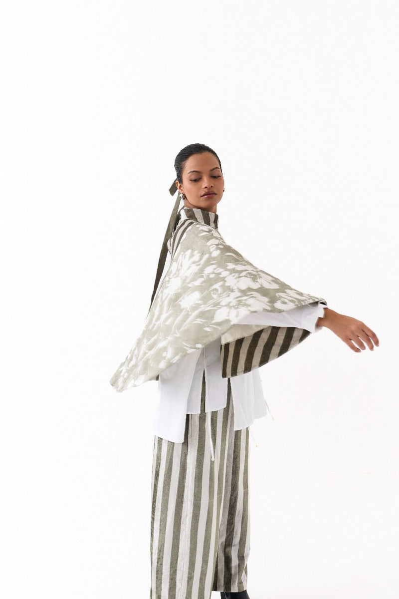 WIDE HEM PONCHO-OLIVE STRIPE/FLORAL by THREE in olive color for women Worldwide