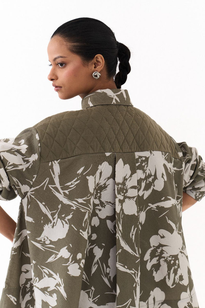 FLORAL WIDE HEM SHIRT-OLIVE FLORAL twill by THREE in olive color for women Worldwide