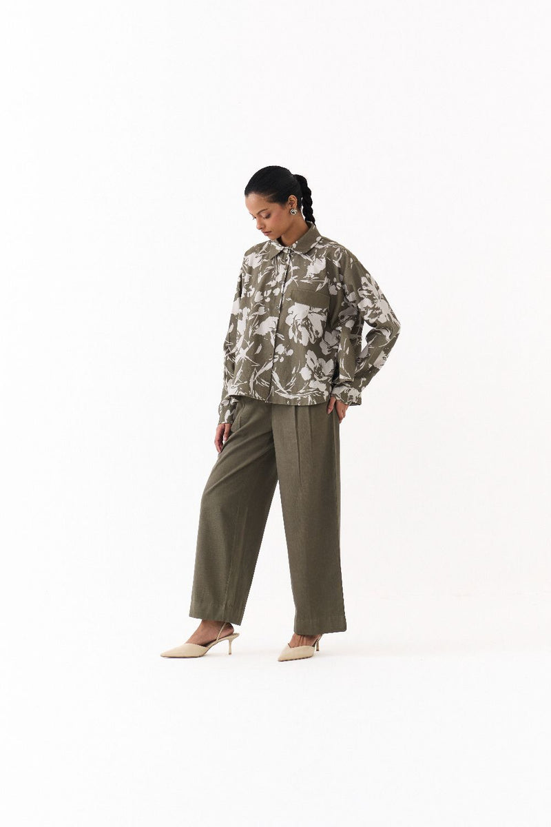 FLORAL WIDE HEM SHIRT-OLIVE FLORAL twill by THREE in olive color for women Worldwide
