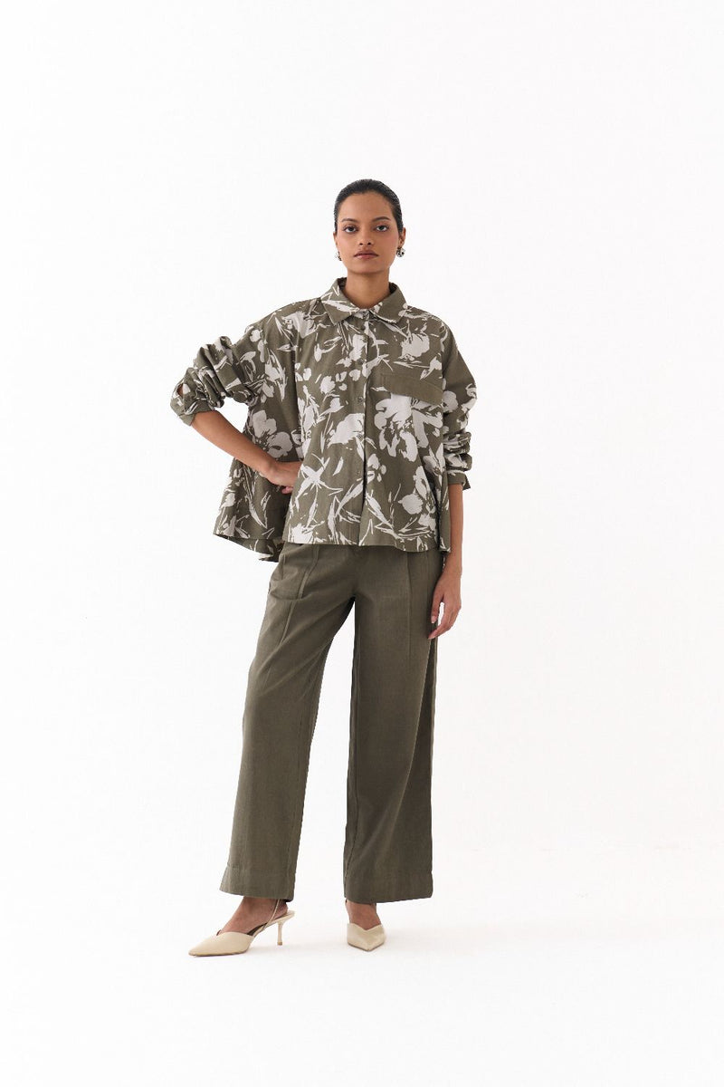 FLORAL WIDE HEM SHIRT CO ORD
(SET OF 2)-OLIVE FLORAL twill by THREE in olive color for women Worldwide
