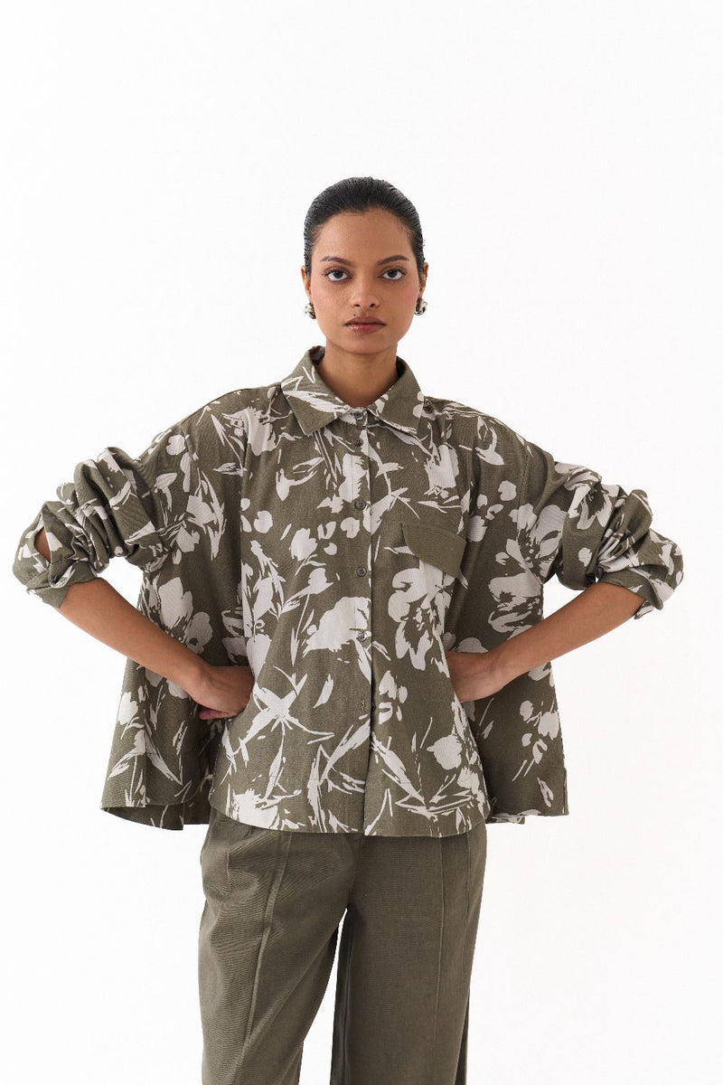 FLORAL WIDE HEM SHIRT CO ORD
(SET OF 2)-OLIVE FLORAL twill by THREE in olive color for women Worldwide