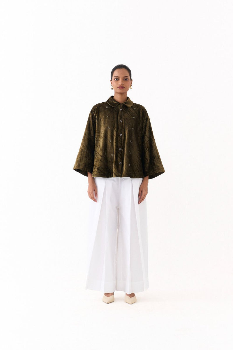 WIDE HEM SHIRT CO-ORD (SET OF 2)-OLIVE & WHITE poplin by THREE in olive color for women Worldwide