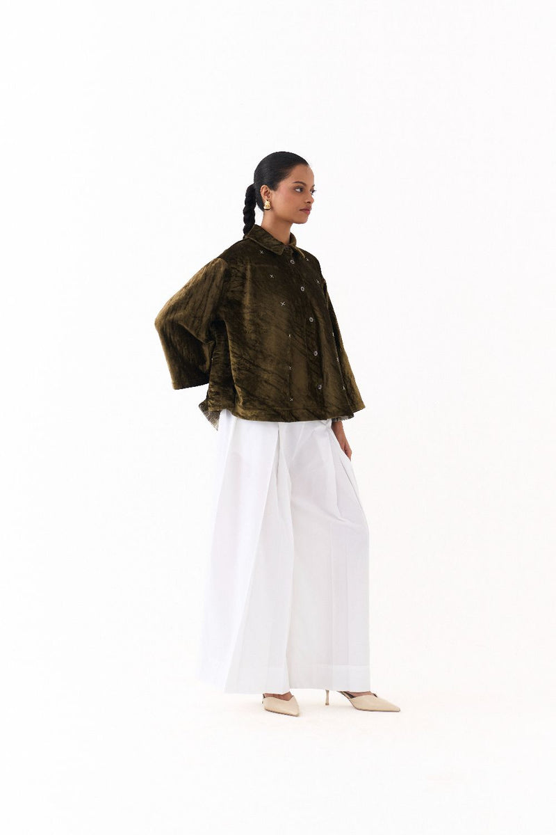 WIDE HEM SHIRT CO-ORD (SET OF 2)-OLIVE & WHITE poplin by THREE in olive color for women Worldwide