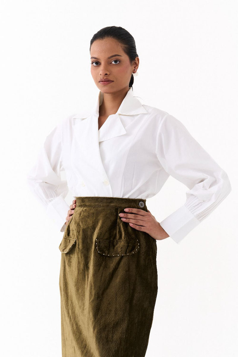 FLAP DETAIL SKIRT CO ORD (SET OF 2)-OLIVE & WHITE poplin by THREE in olive color for women Worldwide