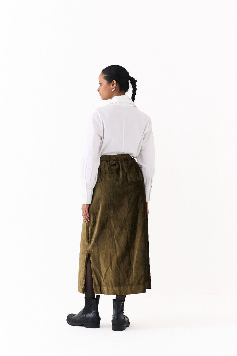 FLAP DETAIL SKIRT CO ORD (SET OF 2)-OLIVE & WHITE poplin by THREE in olive color for women Worldwide
