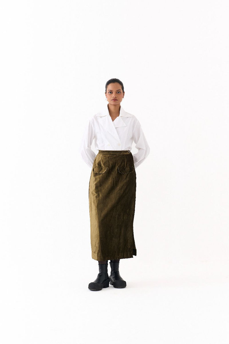 FLAP DETAIL SKIRT CO ORD (SET OF 2)-OLIVE & WHITE poplin by THREE in olive color for women Worldwide